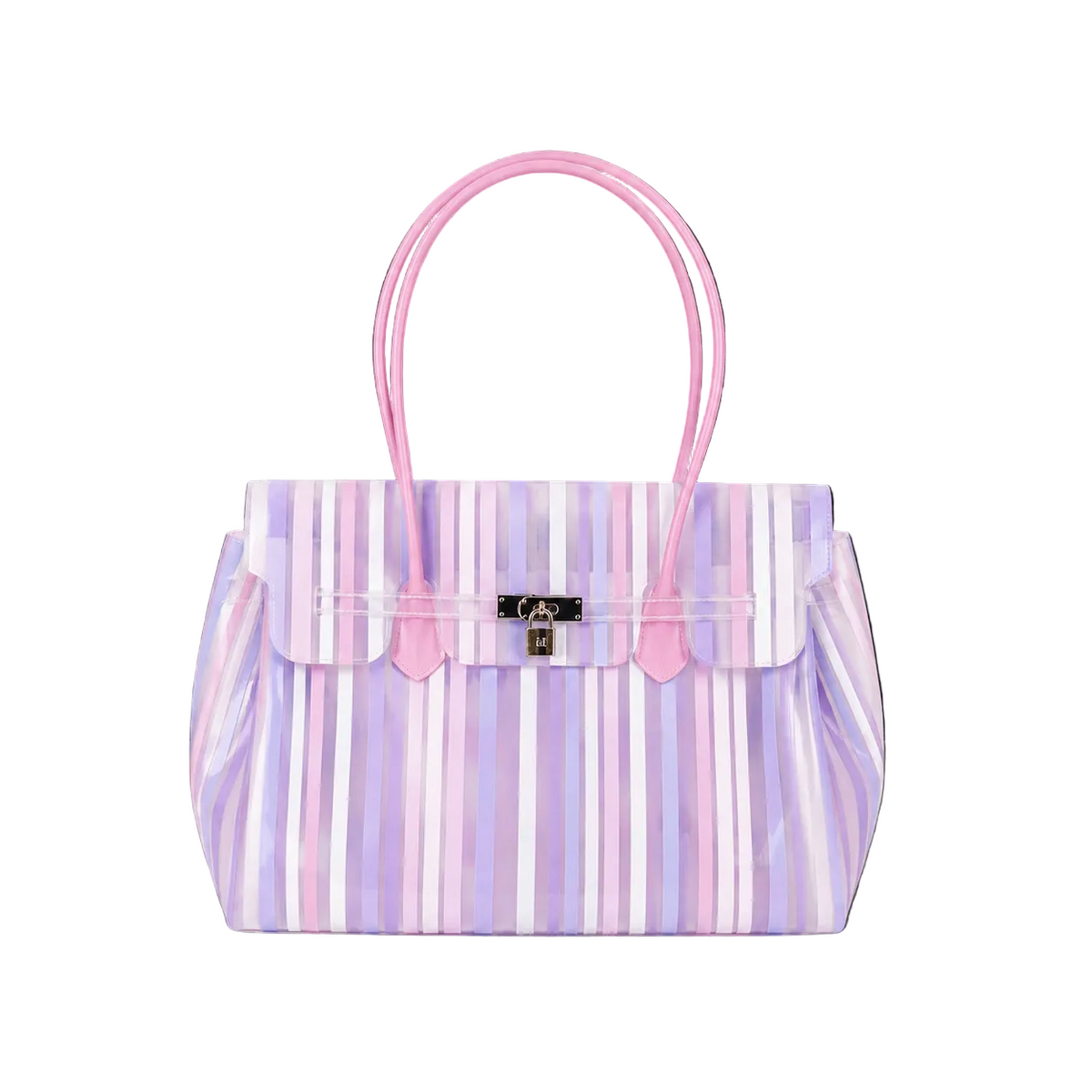 Sac à main Jelly Firkin Aurora en TPU translucide à rayures roses et lilas, anses roses et fermoir cadenas