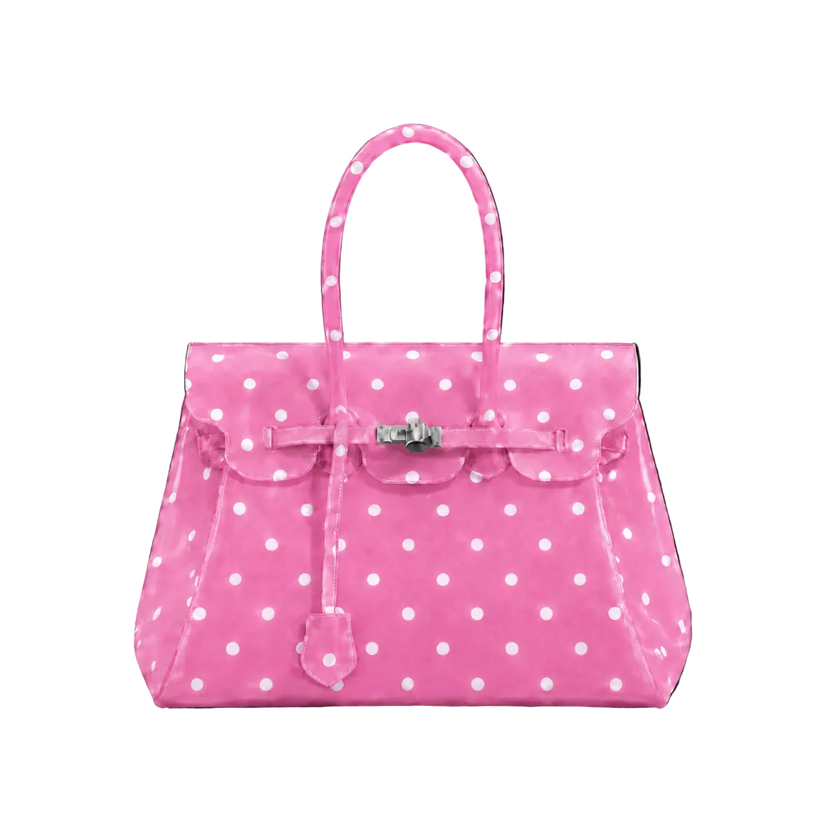 Sac à main Jelly Firkin Baby Pink Dot en TPU translucide rose bonbon à pois blancs, fermoir cadenas argenté