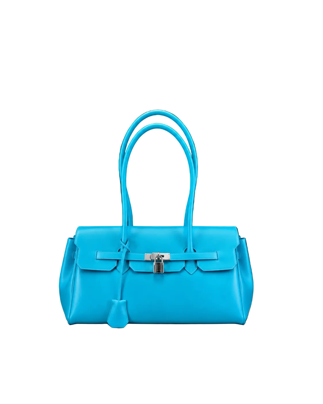 Sac Jelly Pop Lagoon en PVC mat bleu lagon, silhouette bowling à anses longues et fermoir cadenas