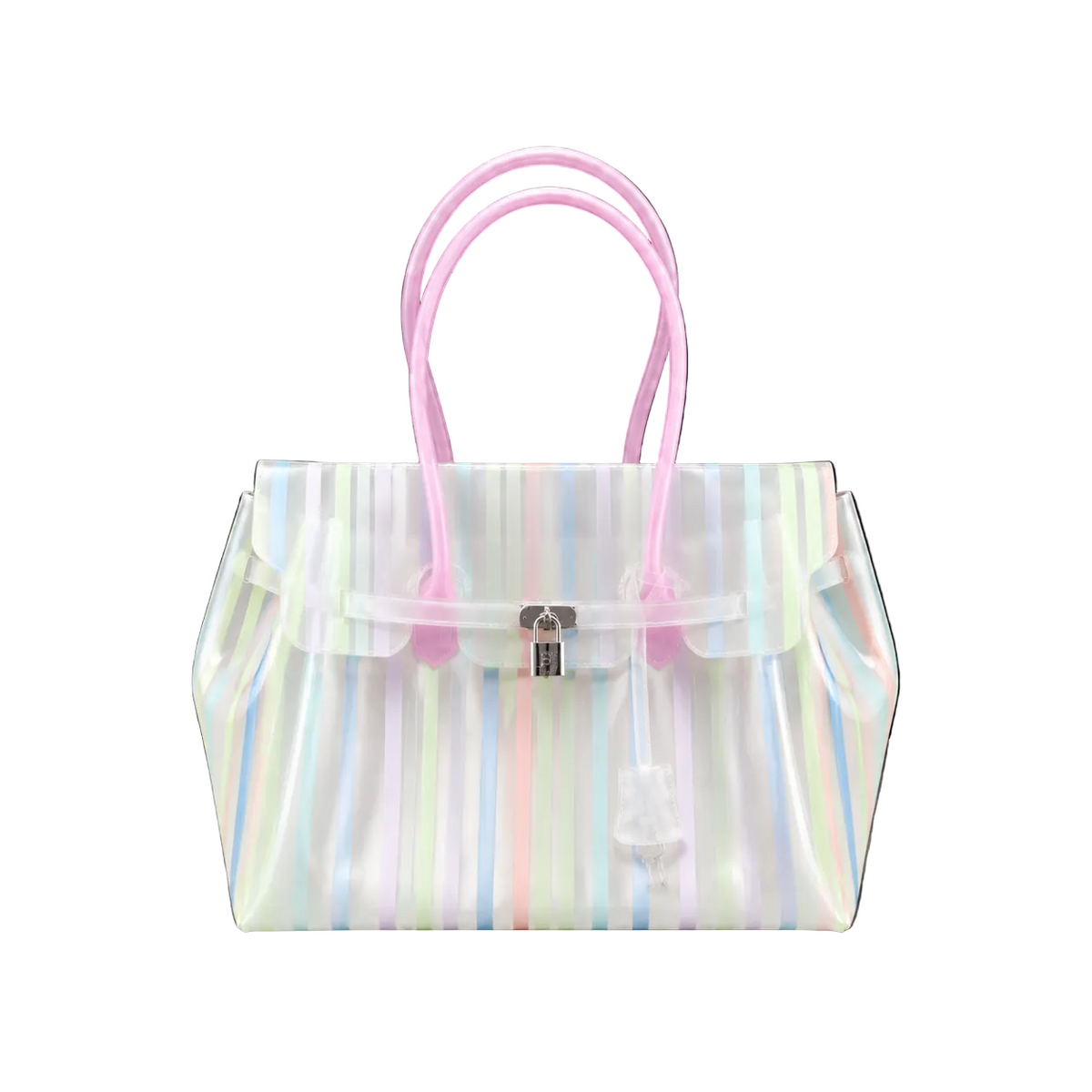 Sac à main Jelly Firkin Opal en TPU translucide à rayures pastel irisées, anses roses et fermoir cadenas