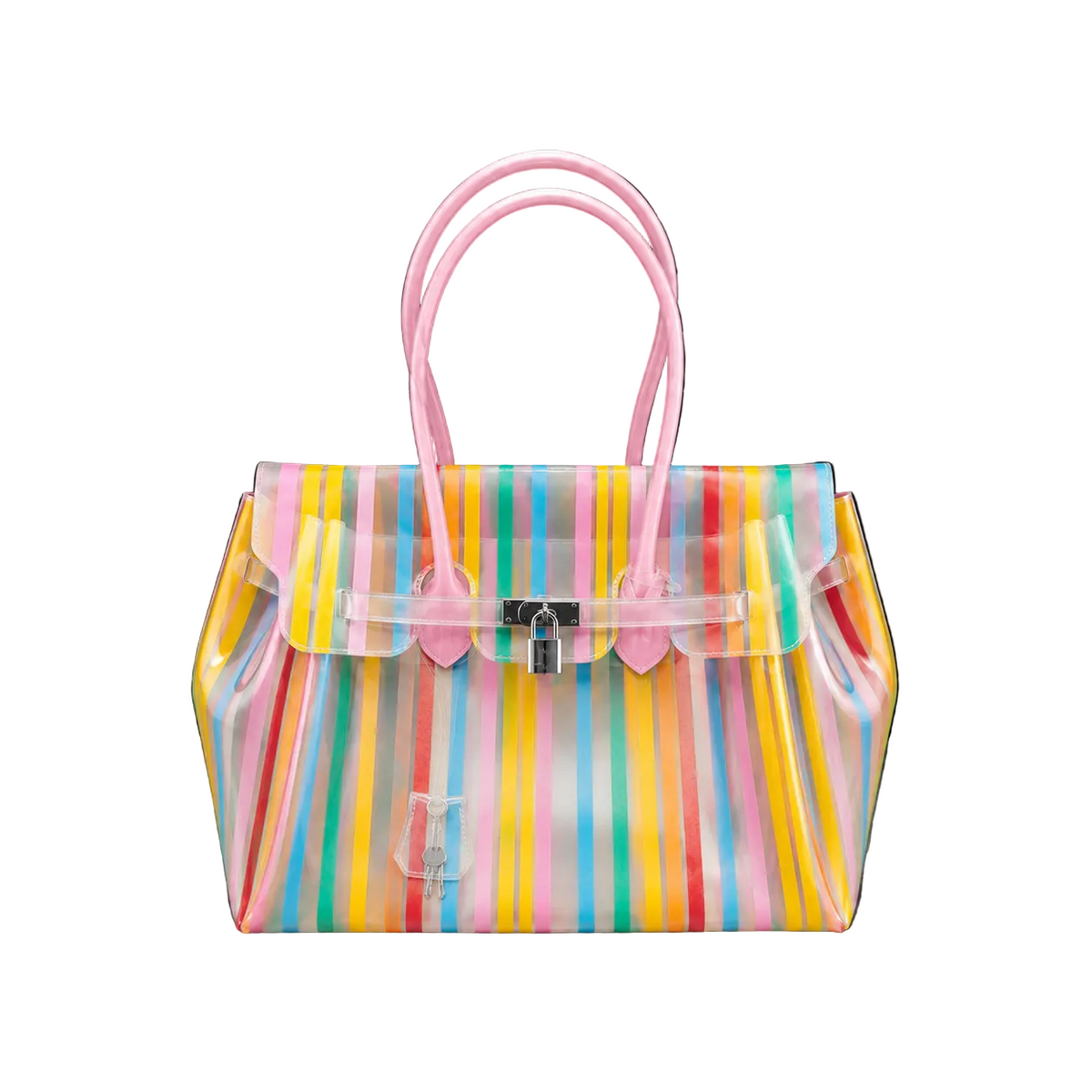 Sac à main Jelly Firkin Candy en TPU translucide à rayures multicolores vives, anses roses et fermoir cadenas