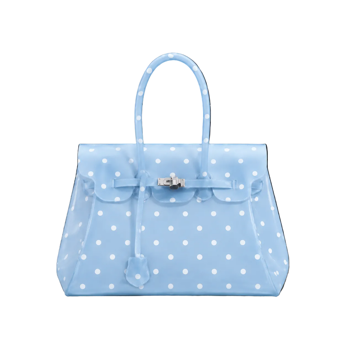 Sac à main Jelly Firkin Ice Blue Dot en TPU translucide bleu ciel à pois blancs, fermoir cadenas argenté