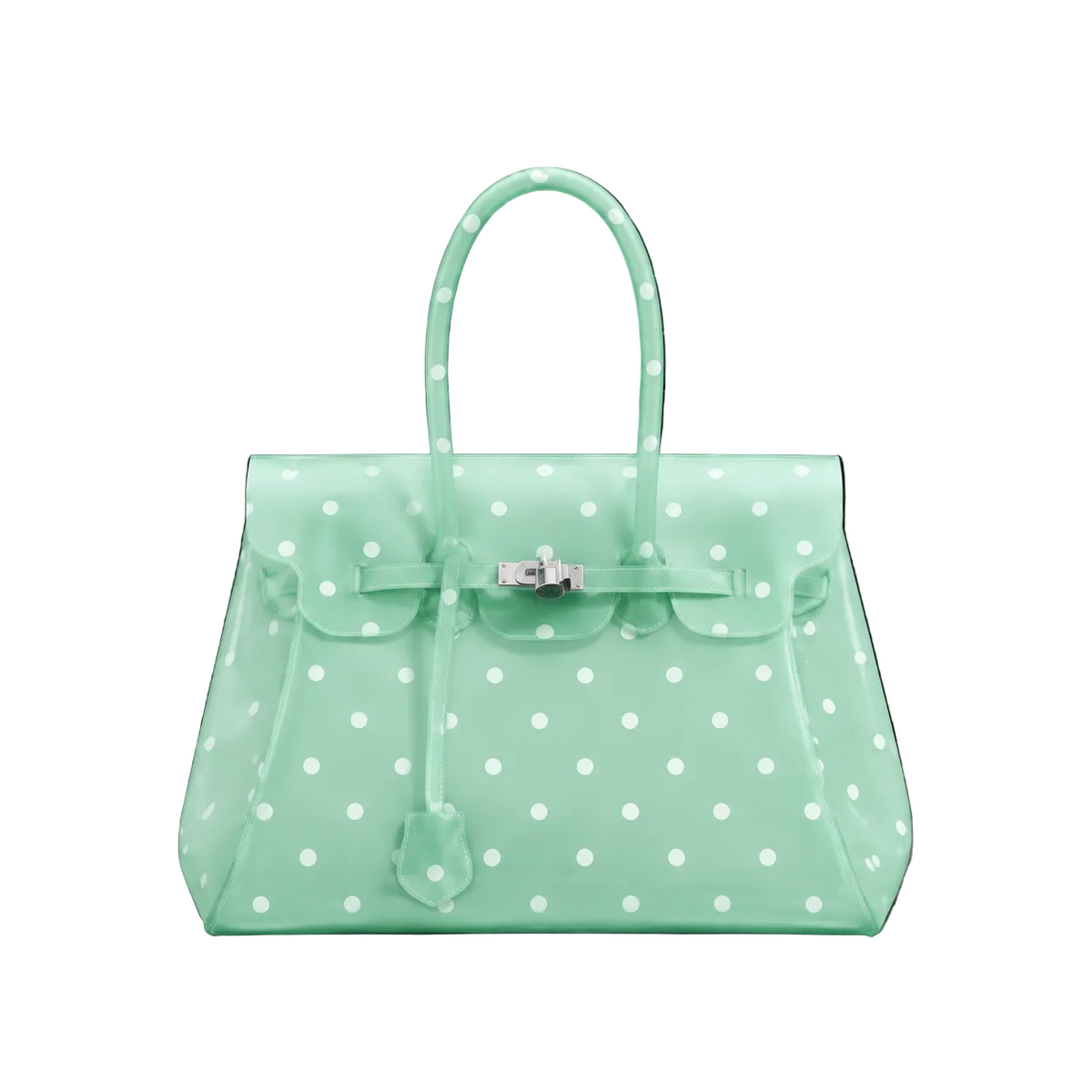 Sac à main Jelly Firkin Pistachio Dot en TPU translucide vert d'eau à pois blancs, fermoir cadenas argenté