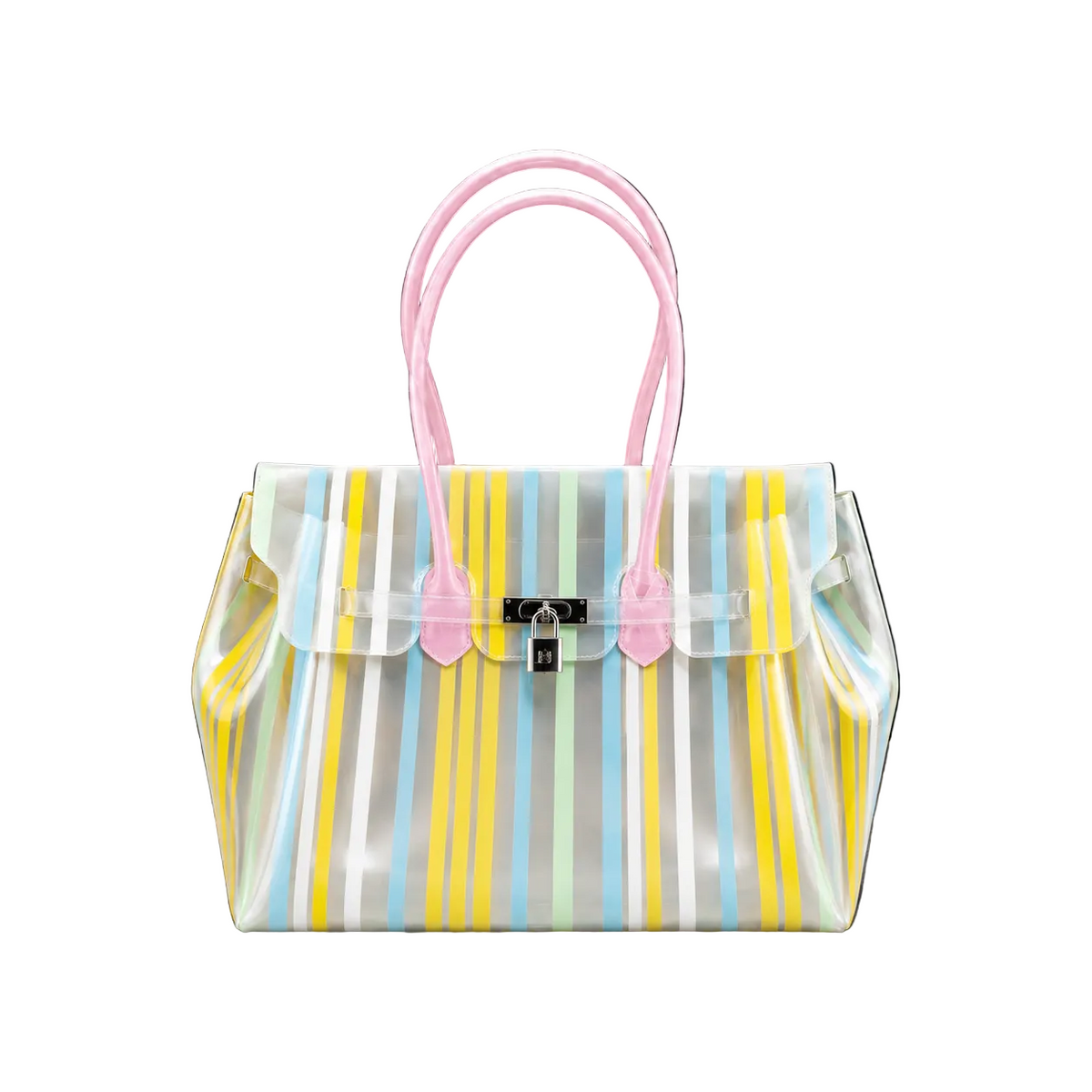 Sac à main Jelly Firkin Sunrise en TPU translucide à rayures jaune et bleu ciel, anses roses et fermoir cadenas